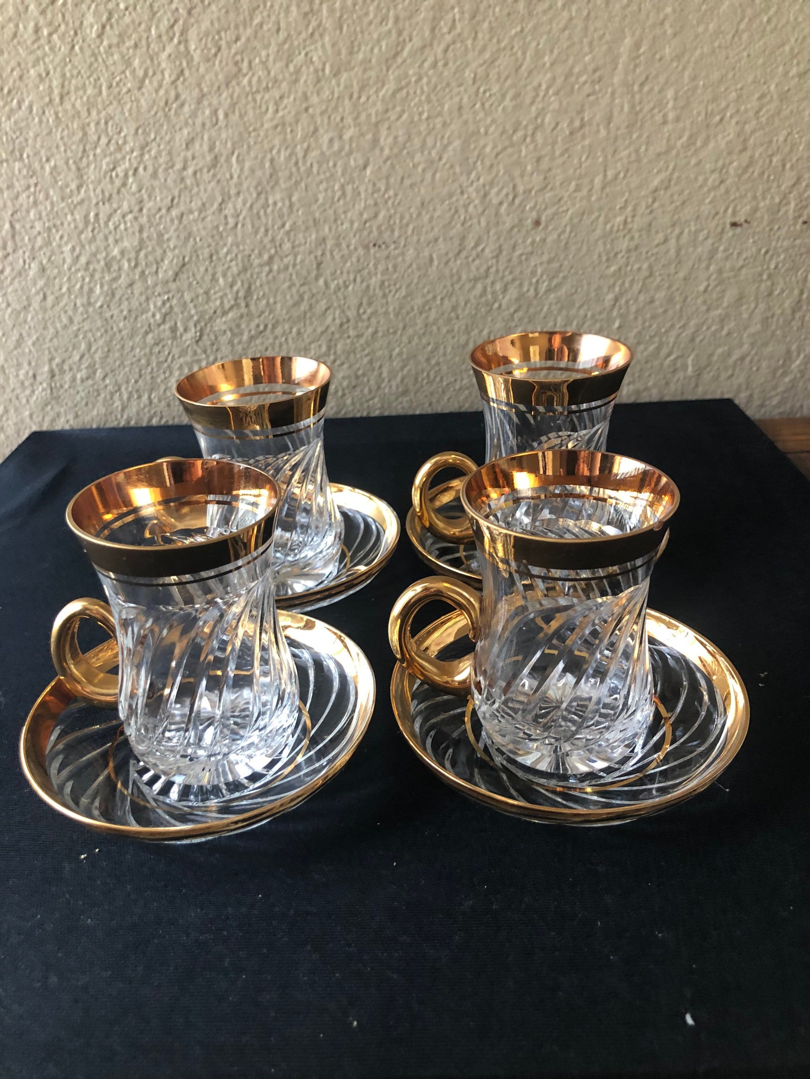 Vintage Bohemian Clear Glass Gold Trim 4 Smalls Tea Cups 2 Etsy