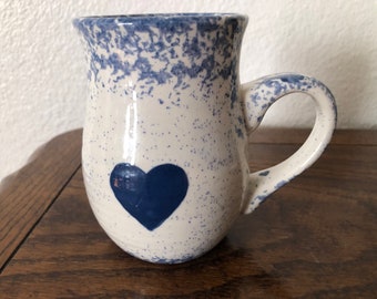 vintage pottery blue heart spongeware mug