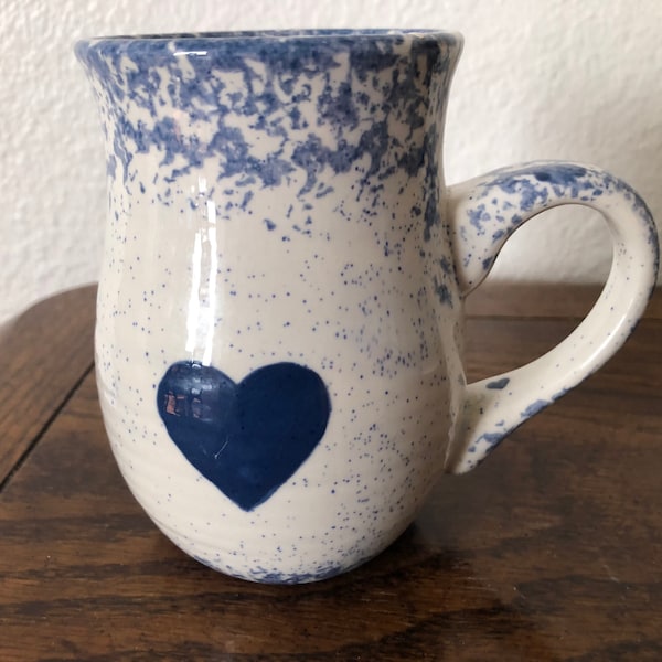 vintage pottery blue heart spongeware mug