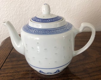 Vintage chinesische Reisaugen Blau & Weiße Teekanne