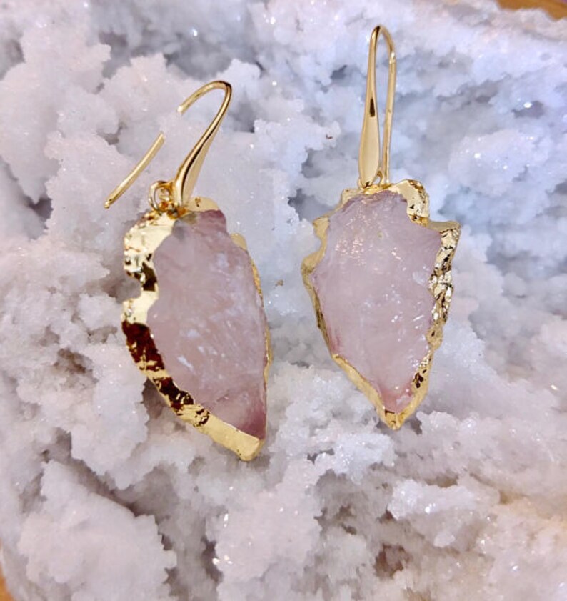 Natural Rough Raw Rose Quartz Earrings Gold Boho Druzy Geode Etsy