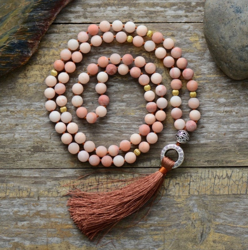 Long Beaded Mala Tassel Necklace Matt Rhodonite Boho Chakra Etsy