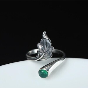 Boho 925 Sterling Silver Jade Oak Leaf Stacking Ring Wrap Adjustable