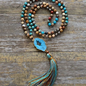 Hand Beaded long Tassel Pyrite necklace Agate Gold Boho Beads Turquoise Geode