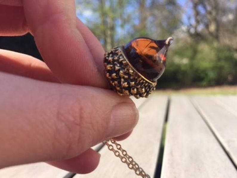 Autumn Glass Amber Acorn Pendant Necklace Antique Gold plated Long Statement