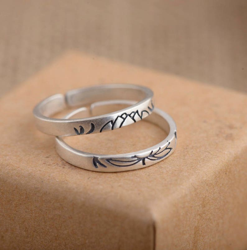 925 Sterling Silver Lotus Double Ring Adjustable 2pcs Engraved Brushed Spinning