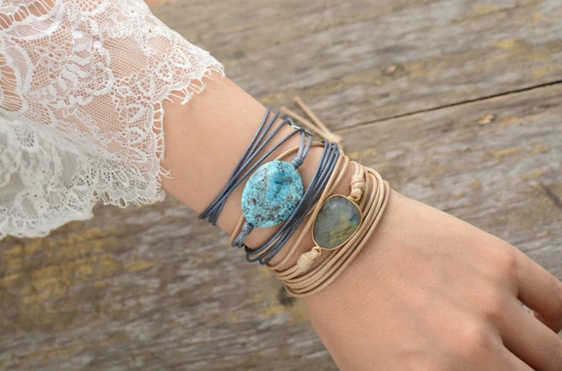 Natural Gemstone Turquoise Grey Cord Stacking Wrap Bracelet Stacks Vegan
