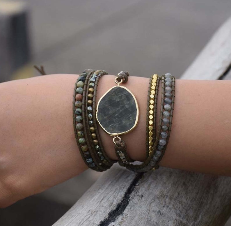 Natural Moss Agate Rough Geode Leather Beaded Wrap Cuff