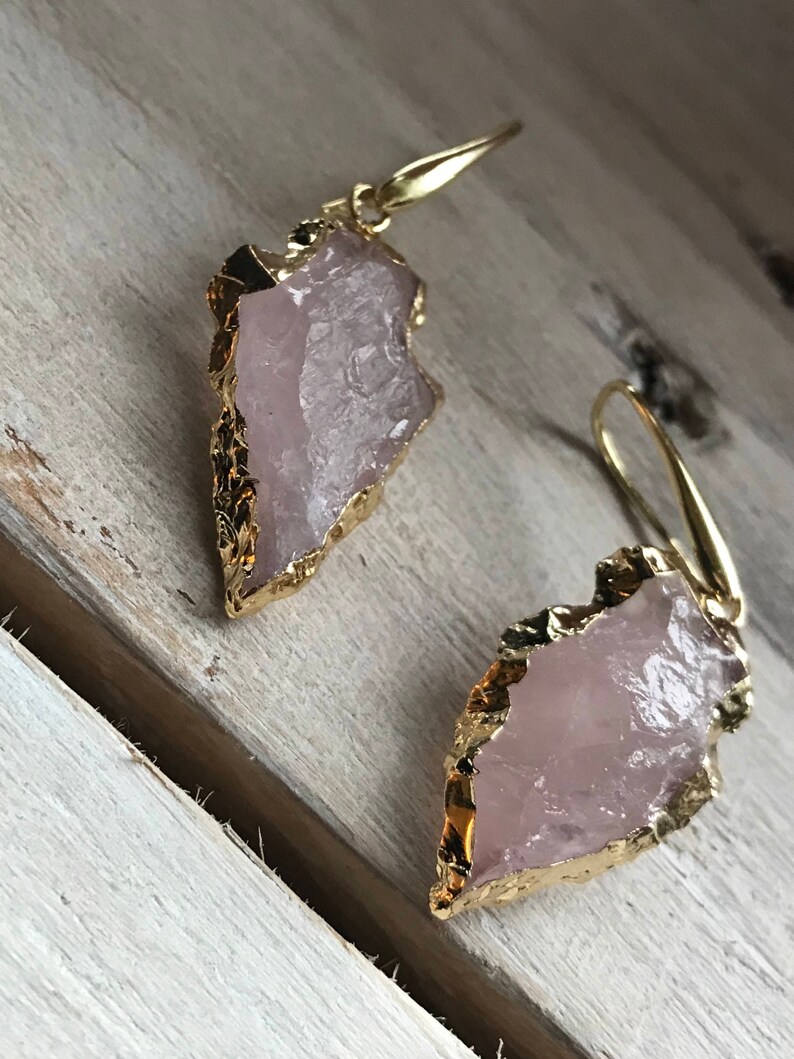 Natural Rough Raw Rose Quartz Earrings Gold Boho Druzy Geode Etsy