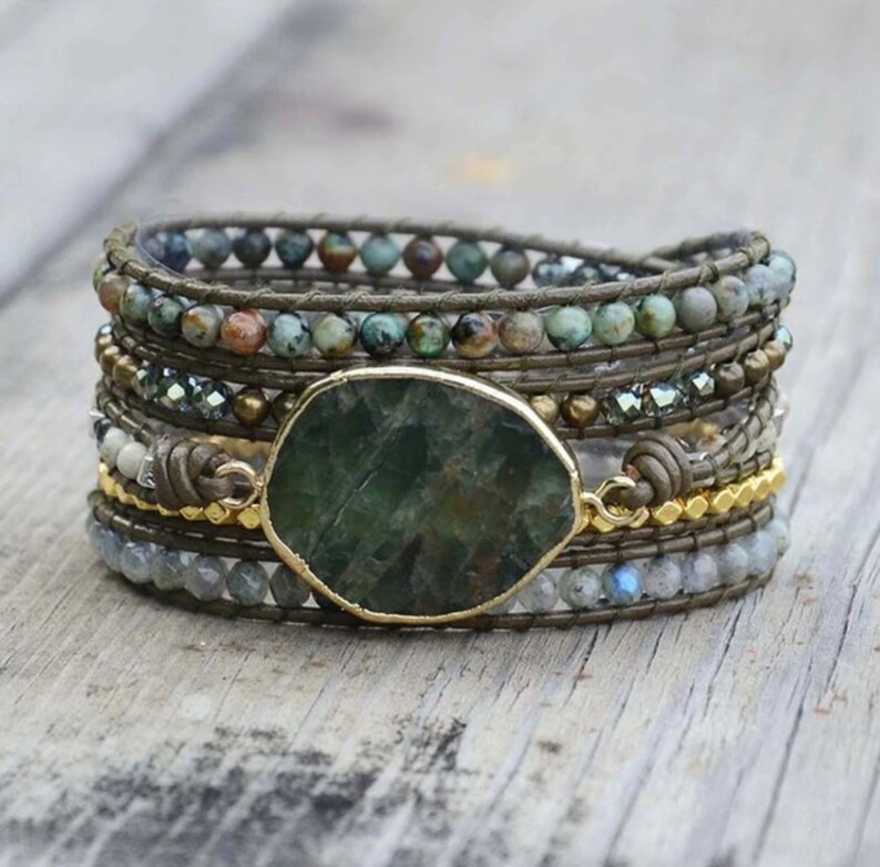 Natural Moss Agate Rough Geode Leather Beaded Wrap Cuff