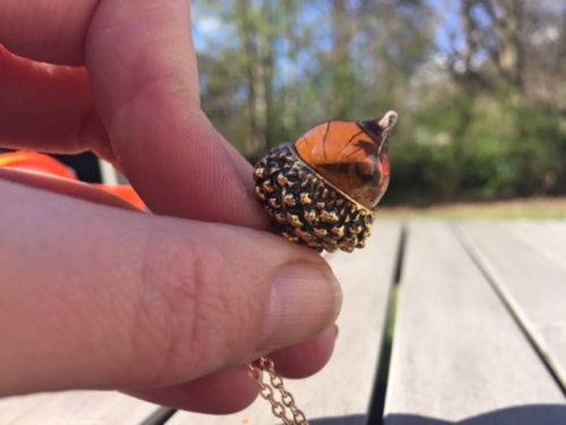 Autumn Glass Amber Acorn Pendant Necklace Antique Gold plated Long Statement
