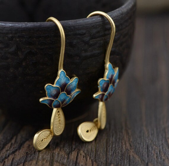 Gold Dipped Sterling Silver Lotus Flower Enamel Drop Earrings Dangle Boho