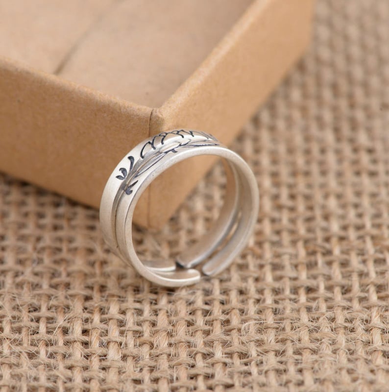 925 Sterling Silver Lotus Double Ring Adjustable 2pcs Engraved Brushed Spinning