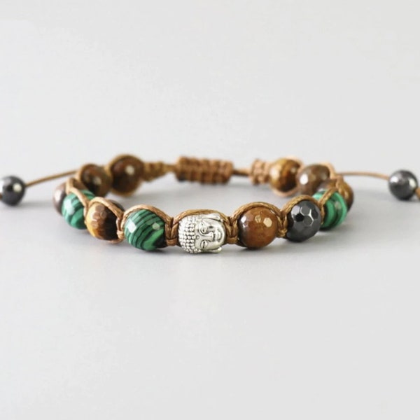 Pierre précieuse naturelle Malachite & Tigers Eye Buddha Shamballa Bracelet