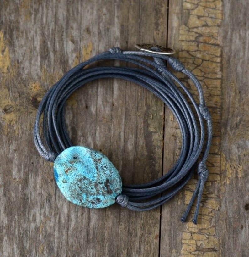 Natural Gemstone Turquoise Grey Cord Stacking Wrap Bracelet Stacks Vegan