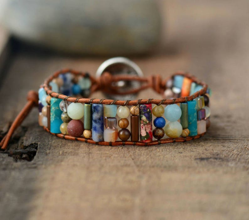 Agate and Quartz Leather Natural Gemstone Beaded Wrap Bracelet Turquoise