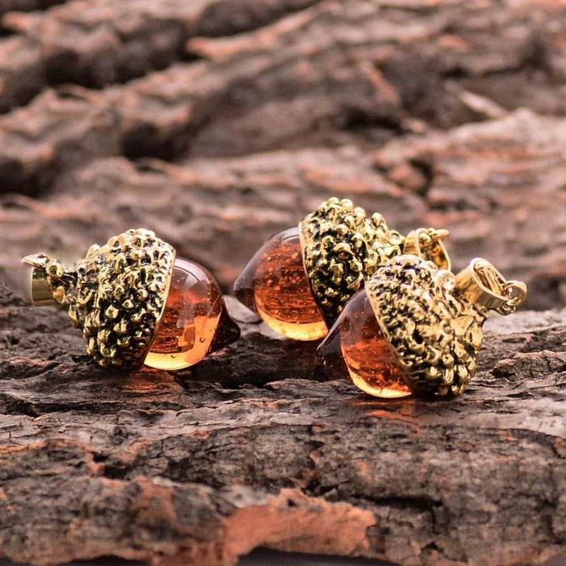 Autumn Glass Amber Acorn Pendant Necklace Antique Gold plated Long Statement