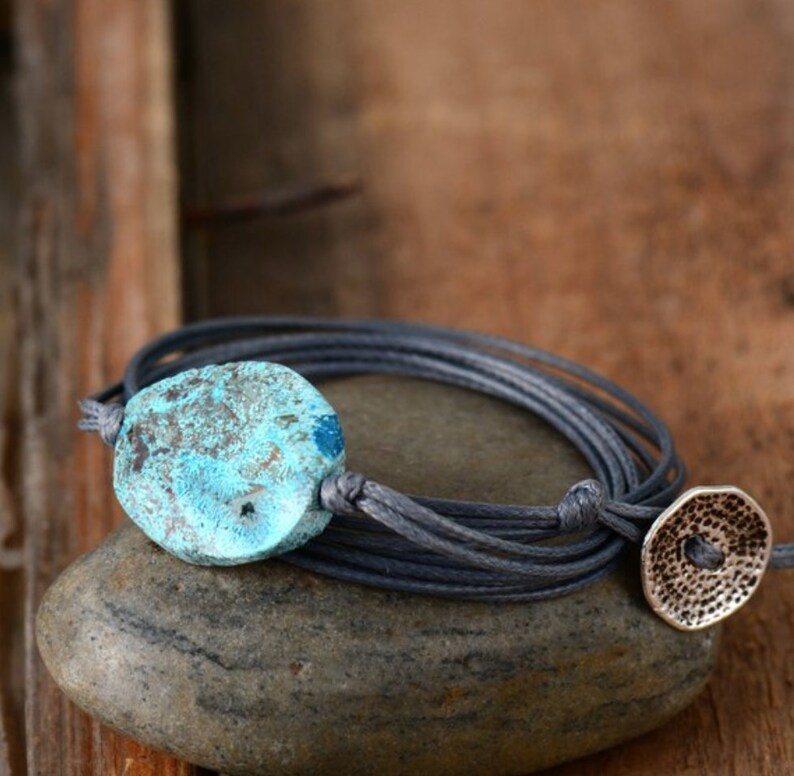 Natural Gemstone Turquoise Grey Cord Stacking Wrap Bracelet Stacks Vegan