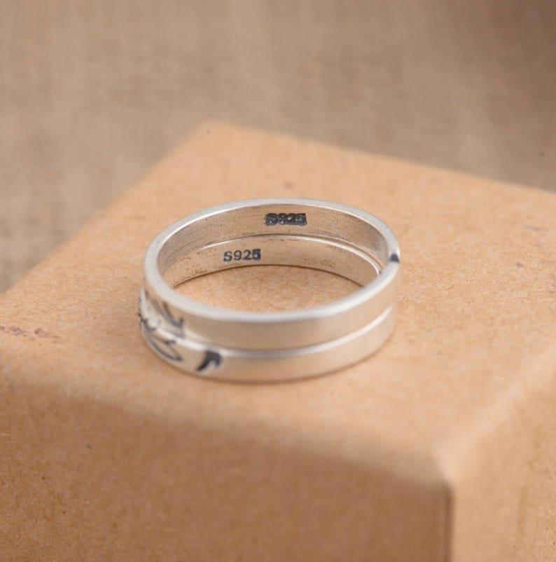 925 Sterling Silver Lotus Double Ring Adjustable 2pcs Engraved Brushed Spinning