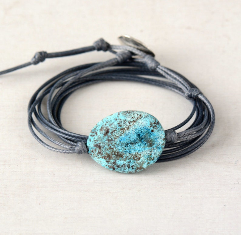 Natural Gemstone Turquoise Grey Cord Stacking Wrap Bracelet Stacks Vegan