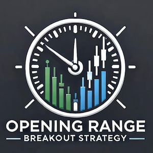 Może przedstawiać: Biała tarcza zegara z czarną wskazówką skierowaną w prawo. Tarcza zegara ma białą ramkę i czarne oznaczenia. Wewnątrz tarczy zegara znajdują się zielone i niebieskie słupki reprezentujące wykres giełdowy. Tekst "OPENING RANGE BREAKOUT STRATEGY" znajduje się pod zegarem.