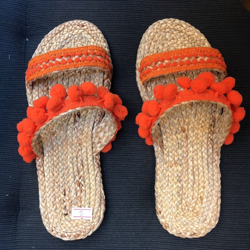 Flip Flops Beach Shoes Beach Sandals Straw Sandals Pompom Sandals