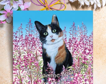 Tarjeta de cumpleaños de gato calicó - Tarjeta de felicitación de gato tricolor - Regalo para amantes de los gatos - Tarjeta de cumpleaños felina - Tarjeta de gato carey - Regalo para mamá gata