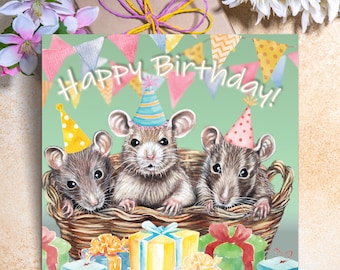 Tarjeta de cumpleaños con ratones – Tarjeta de felicitación de cumpleaños – Tarjeta divertida de ratón – Regalo para amantes de los animales – Tarjeta con ratones – Tarjeta de cumpleaños con animales adorables