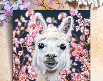 Tarjeta de llama: Tarjeta de felicitación de animales de granja con flores de cerezo