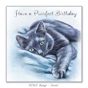 Carte de voeux avec un chat bleu russe « Joyeux anniversaire ». Blanc à l'intérieur 15 x 15
