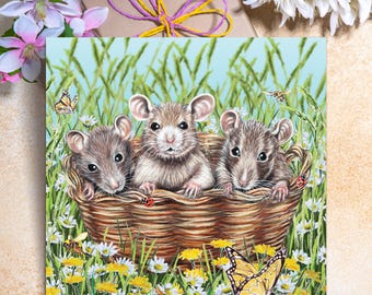 Tarjeta de felicitación de tres ratones – Tarjeta de animales adorables – Tarjeta de ratón divertida – Tarjeta con ratones – Regalo para amantes de los animales – Tarjeta en blanco para cualquier ocasión