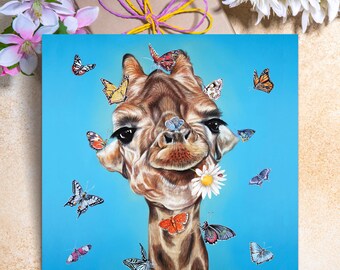 Giraffen Geburtstagskarte: Wildtiere Kunst mit Schmetterlingen