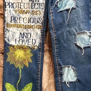 SUNFLOWER and PATCHED painted Girls size 10 Jeans. God says Iam Protected, precious and Loved.