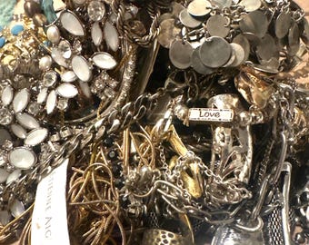 3 LBS of broken and tangled Gold tone, Silver Tone and mystery metal jewelry. Both current and vintage. Untested unsearched