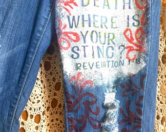 Painted womens Christian Jeans - DEATH Where is YOUR STING? - Size 9. Chic Shabby  ripped look.