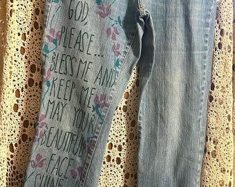 Painted  Christian Jeans: Womens Size 10. Straight fit. THE BLESSING with painted sweet lavender flowers
