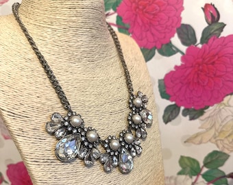Ann Taylor Loft Rhinestone Chunky Statement Necklace silver tone. 16”