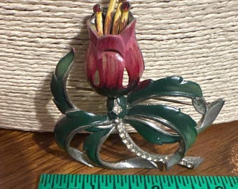 CORO 1940's Floral Brooch, Red Green Enamel Rhinestones Metal Clasp