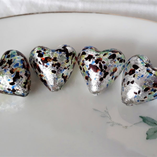 Murano glass silver multi ,silver foil, heart bead, 1 bead, Venetian glass