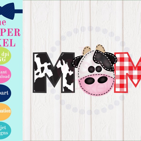 Stitched Cow Mom in Red Gingham PNG Design, Cow Birthday Party, Farm Birthday Party, Barn Birthday Party, Family Birthday, Mom PNG