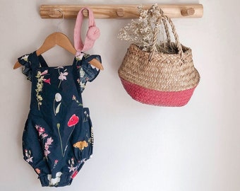 Baby Girl Floral Romper- 1st Birthday Cake Smash Floral Romper- Navy Baby Girl Romper- Summer Playsuit Baby- Ruffle Romper Toddler