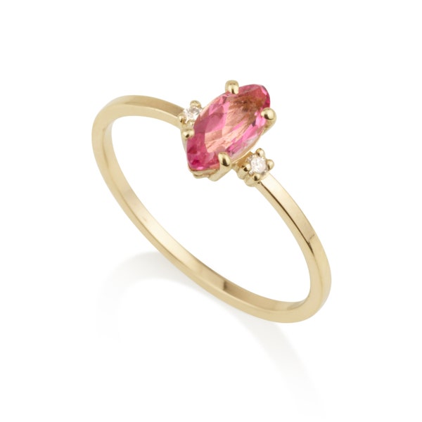 Diamonds Pink Topaz Engagement Gold ring, 14k Solid Gold ring.