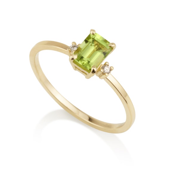Diamonds Peridot Engagement Gold ring, 14k Solid Gold ring.