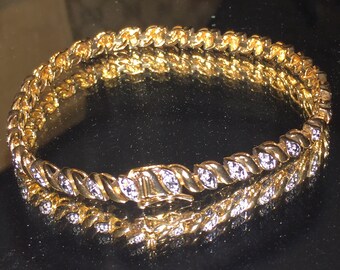 Vintage 925 Sterling Silver and Gold tone Herringbone Weave Tennis Bracelet