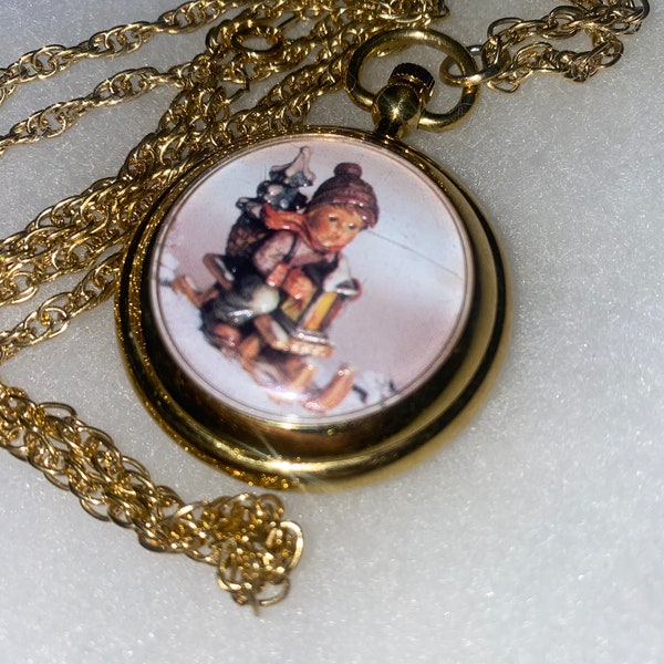 M J Hummel Ride Into Christmas Pocket Watch Pendant Necklace - Needs Battery