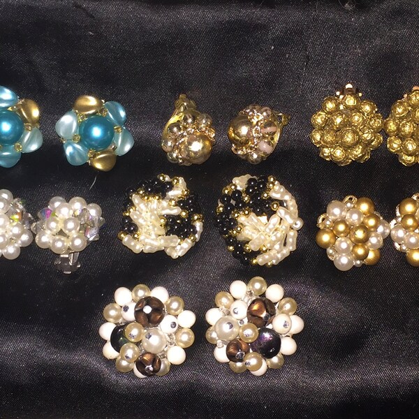 Lot of 7 pairs of Vintage Clip Cluster Earrings Japan & Hong Kong