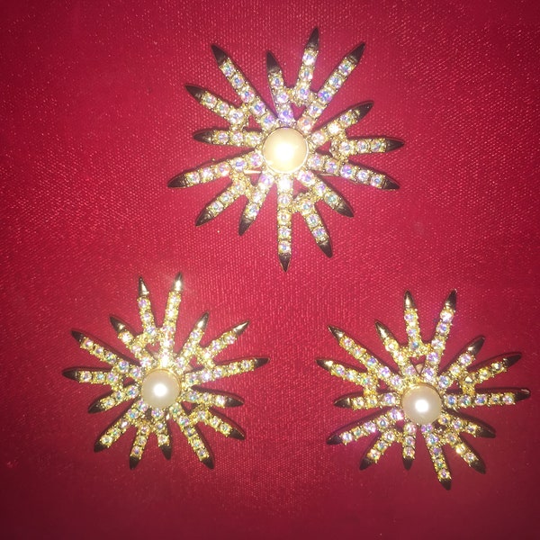 Vintage Signed Emmons Aurora Borealis Star Brooch & Clip Earrings Demi Parure Set