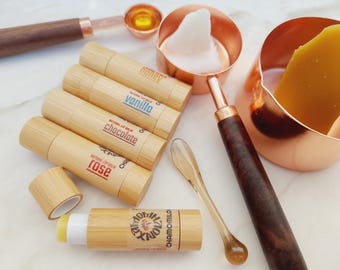 4 Natural Lip Balms - Rose, Honey, Vanilla, Chocolate flavour (1 tube each) with Bamboo Eco Friendly Lipstick Tube - 6ml each