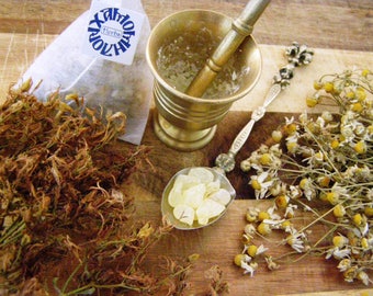 Chamomile, Hypericum & Mastiha pyramids - 12 or 24 herb pyramids box - dried camomile, St. John's wort and mastic, Greek herbs tea infusion
