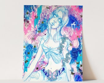 Y2K Butterfly Girl Art Print | Blue Eclectic Trippy Fashion Portrait Art Print/Poster | Colorful Wall Art | 90s Inspired Wall Decor